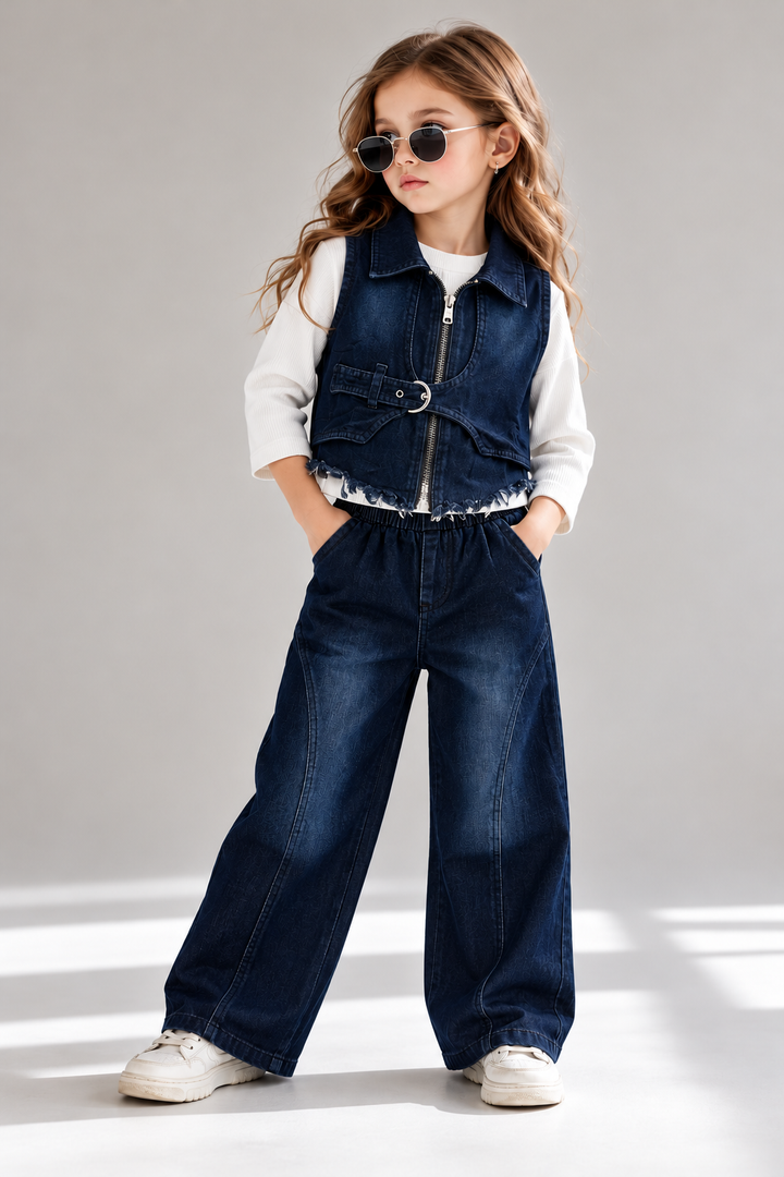 Girls 3 Piece Dark Blue Denim Co-Ord Set [GCS-2H-7812] (4-12Years)