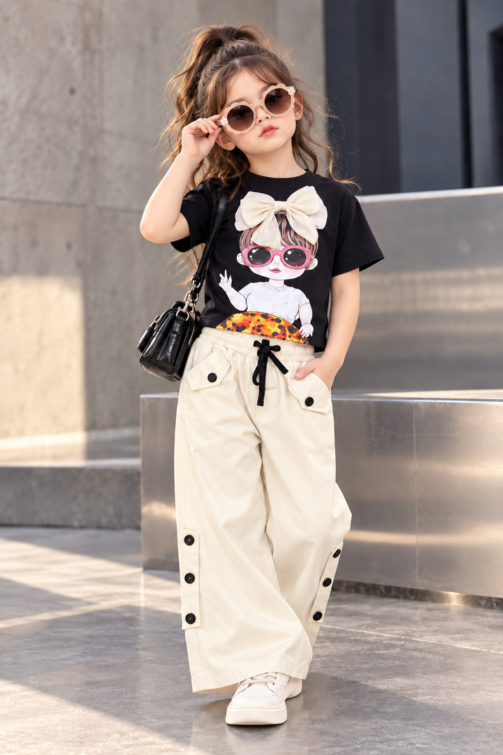 Girls Beige Bow Graphic Co-ord Set [GCS-6E-5982] (3-12Years)