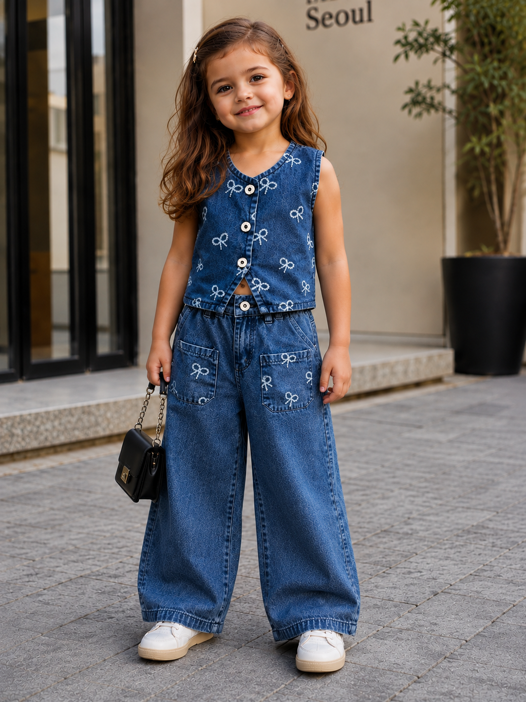 Girls Blue Denim Waistcoat Co-Ord Set [GCS-2C-8857] (5-13 Years)