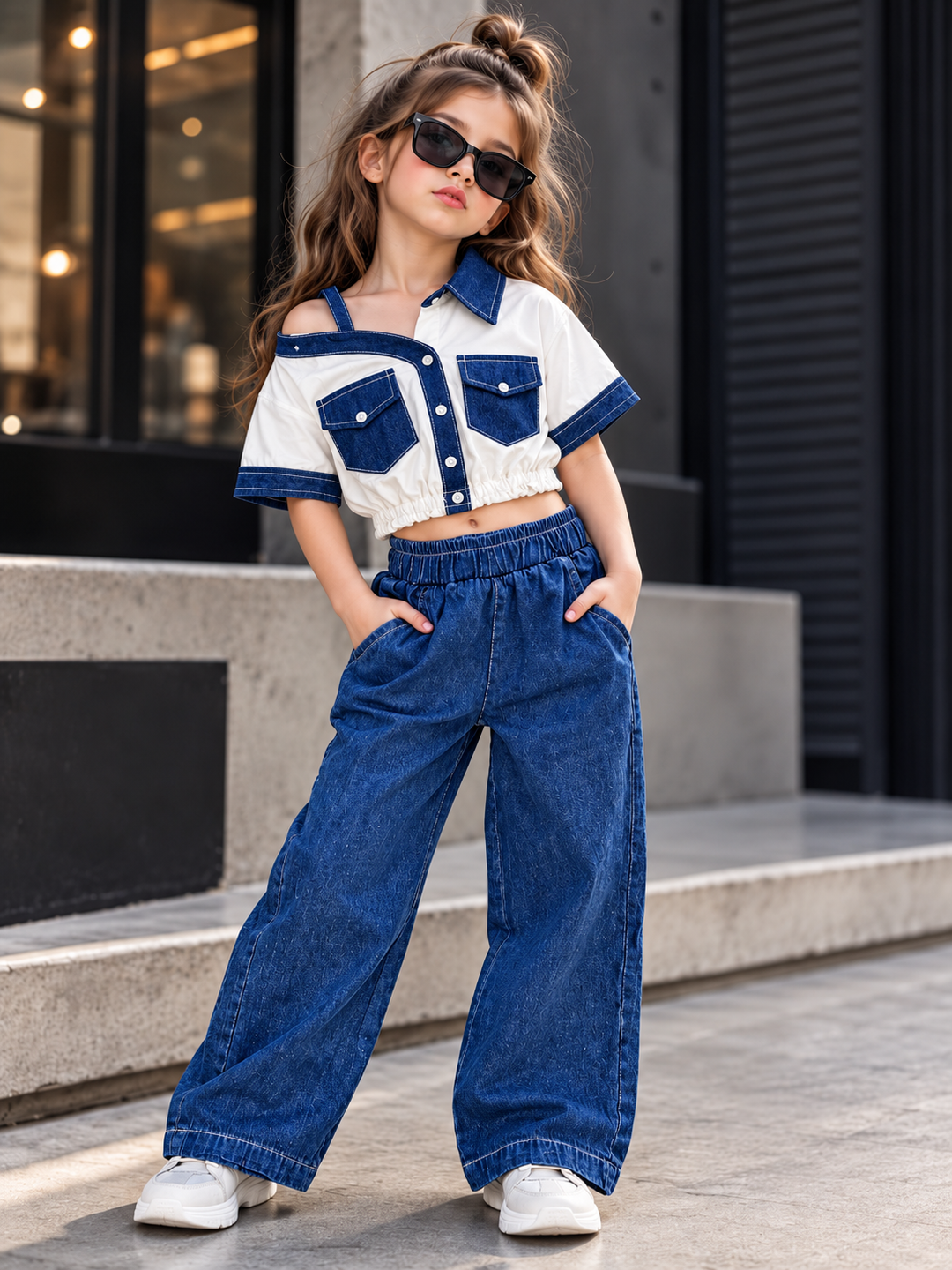 Girls White Down Shoulder Denim Co-Ord Set [GCS-5D-2366] (4-12 Years)