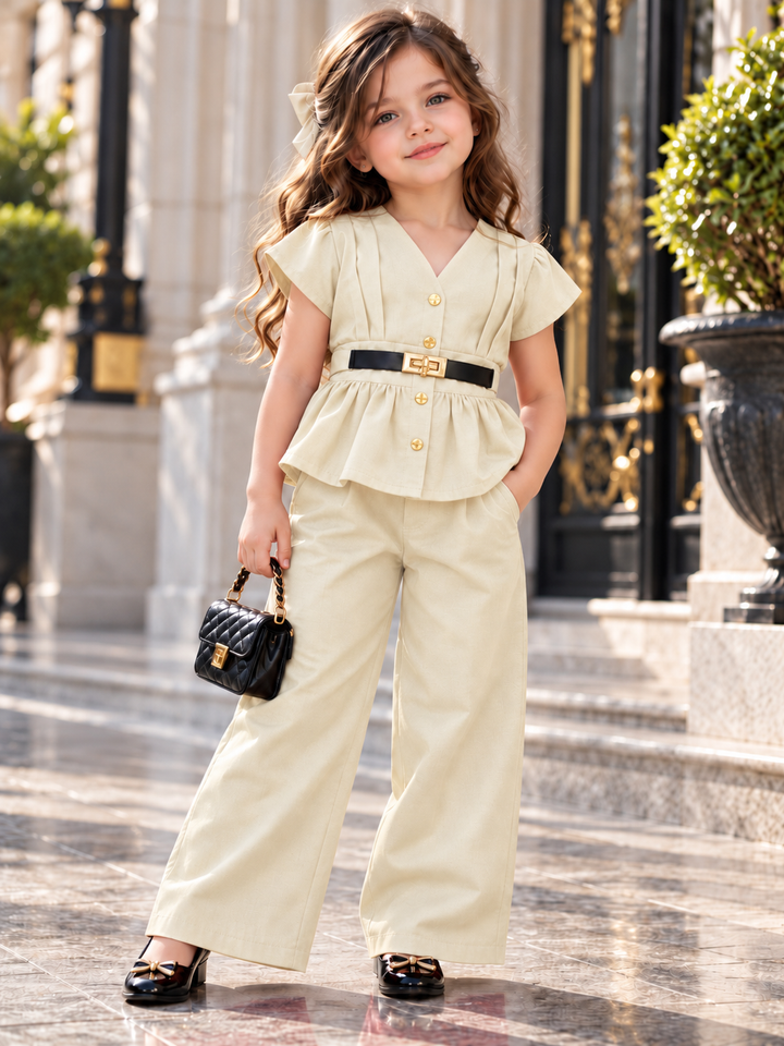 Girls Beige Luxe Belted Peplum Co-Ord Set [GCS-4A-4680] (4-12 Years)