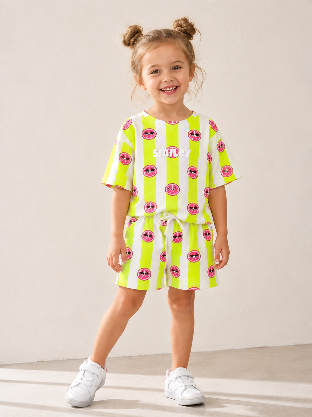 Girls Smiley Stripped Neon Green  Co-Ord Set [GCS-5495] (4-12 Years)