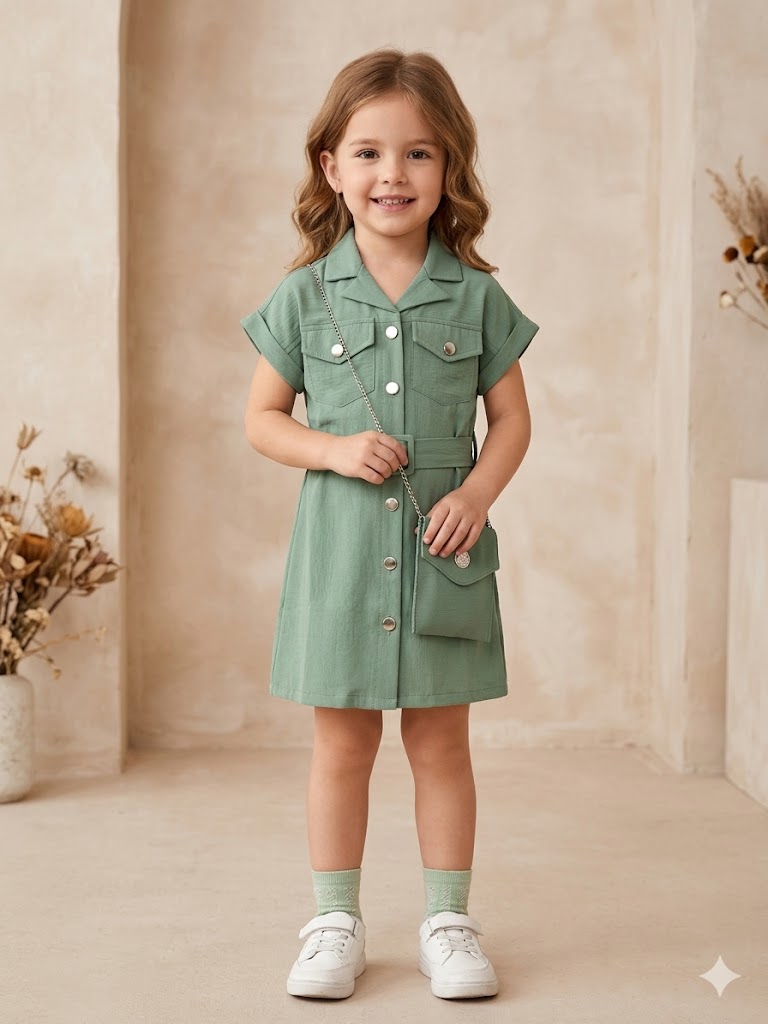 Girls Green Shirt Dress With Purse [GD-3554] (4-12 Years)