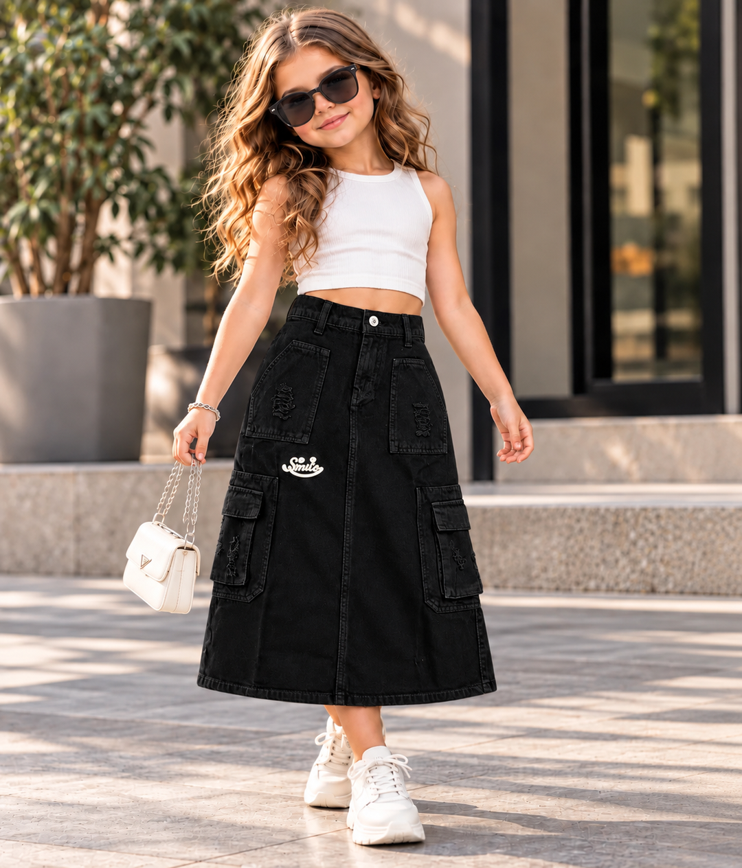 Girls Black Utility Cargo Denim Skirt (Only Skirt) [GS-1K-6171] [4Y-12Years]