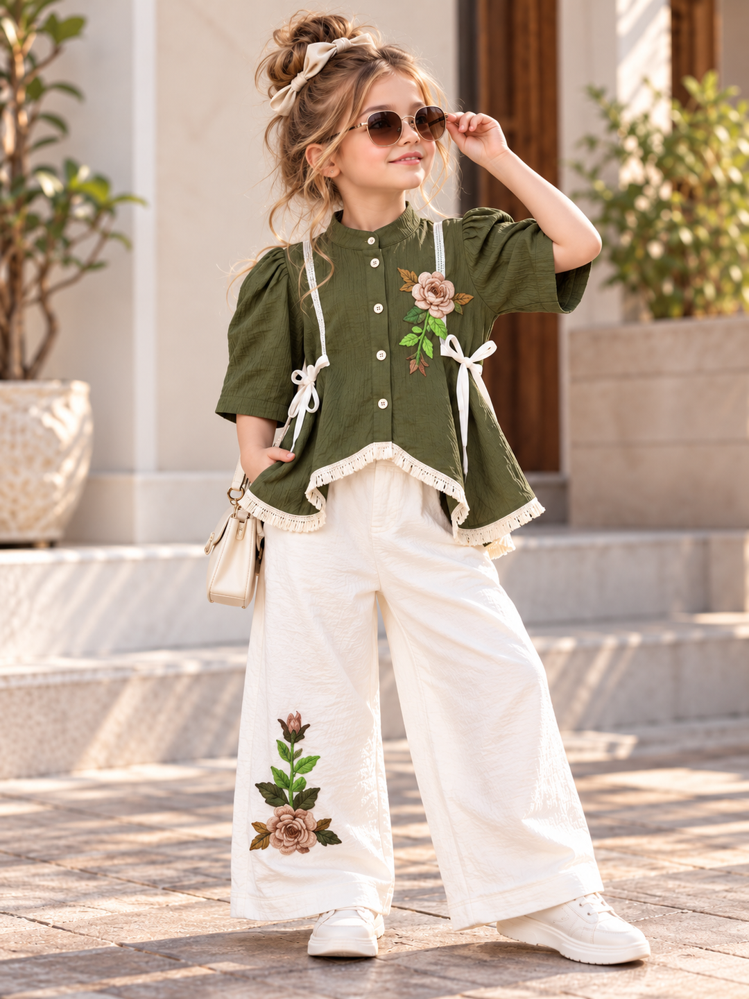 Girls Mehandi Green Floral Meadow Co-Ord Set [GCS-5A-0541] (4-12Years)