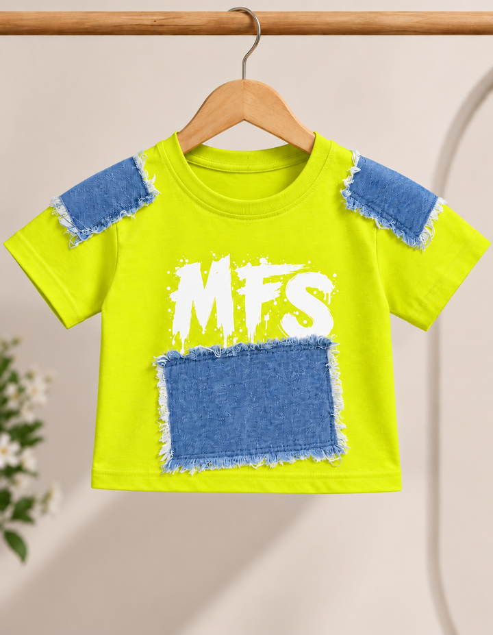 Girls Neon Green Denim Patch T-Shirt [GT-5A-2410] [4-12 year]