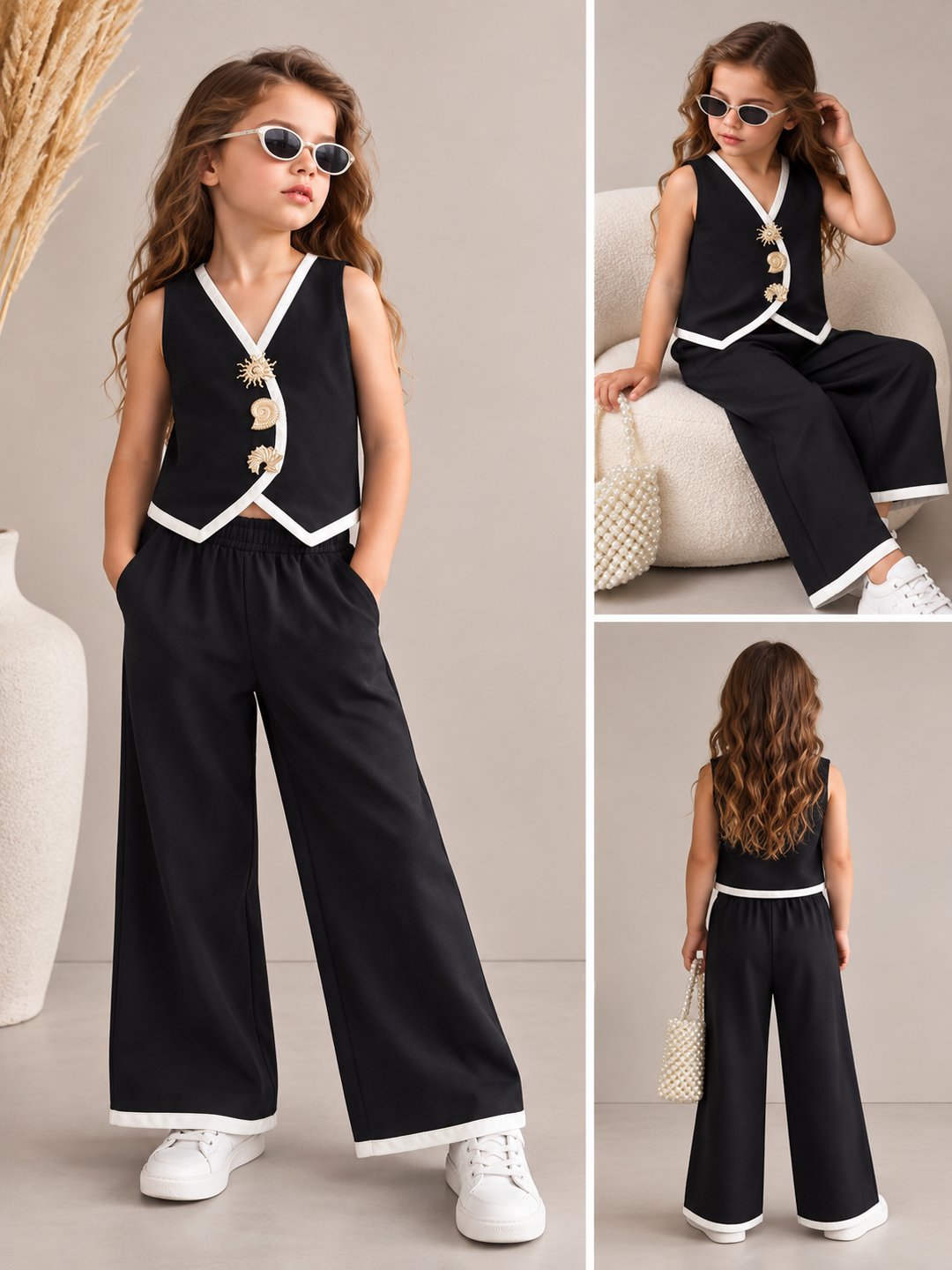 Girls Black Waist Coat Co-Ord Set [GCS-4D-0227] (3-12Years)