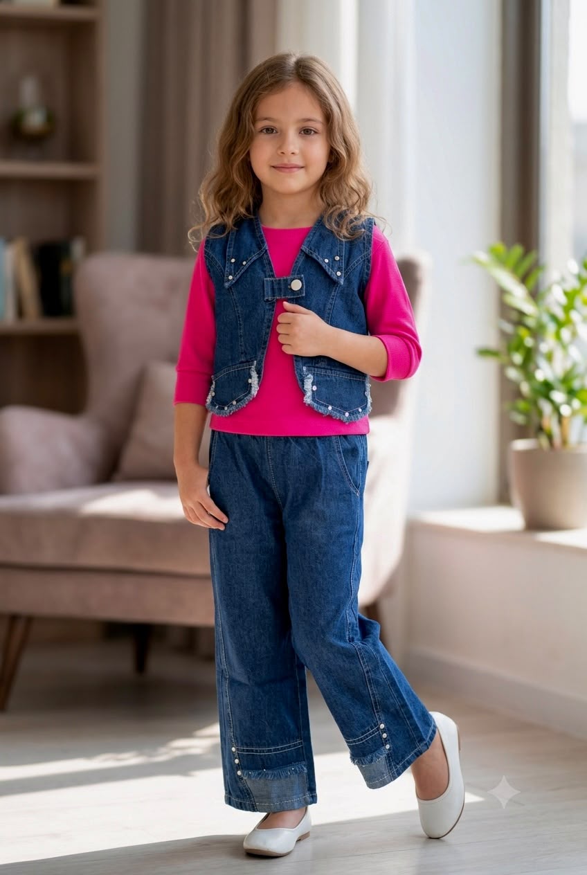 Girls Designer 3 Piece Hot Pink Denim Co-Ord Set [GCS-3B-2555] (4-12Years)