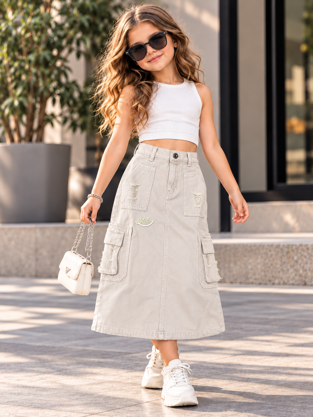 Girls Beige Utility Cargo Denim Skirt (Only Skirt) [GS-6K-2864] [4Y-12Years]