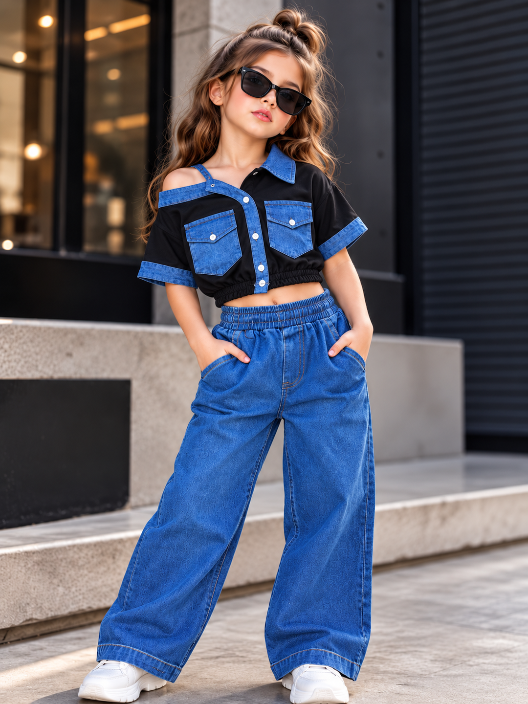 Girls Black Down Shoulder Denim Co-Ord Set [GCS-1C-4167] (4-12 Years)