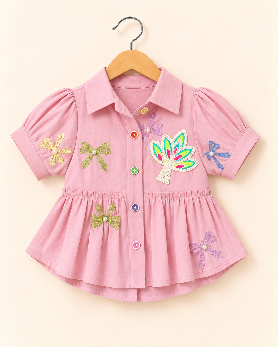 Girls Peach Bow Charm Peplum Shirt [ONLY TOP] [GT-L-0469] [4-12 Year ]