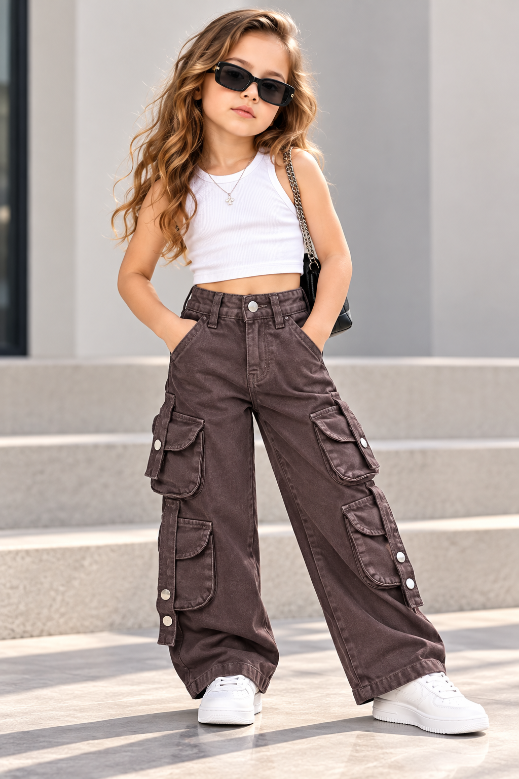 Girls Brown 8 Pocket Cargo Denim [ONLY PANT] [GJ-6D-4057] (4-12Years)