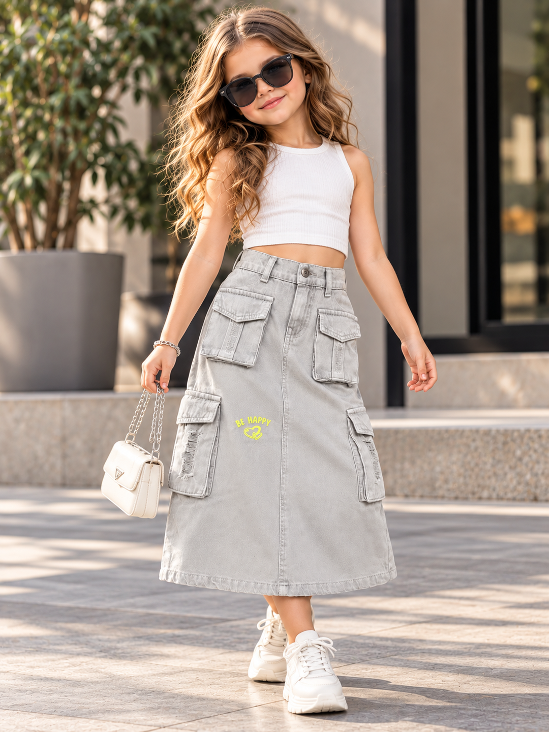 Girls Grey Utility Cargo Denim Skirt [GS-6D-0179] [4Y-12Years]