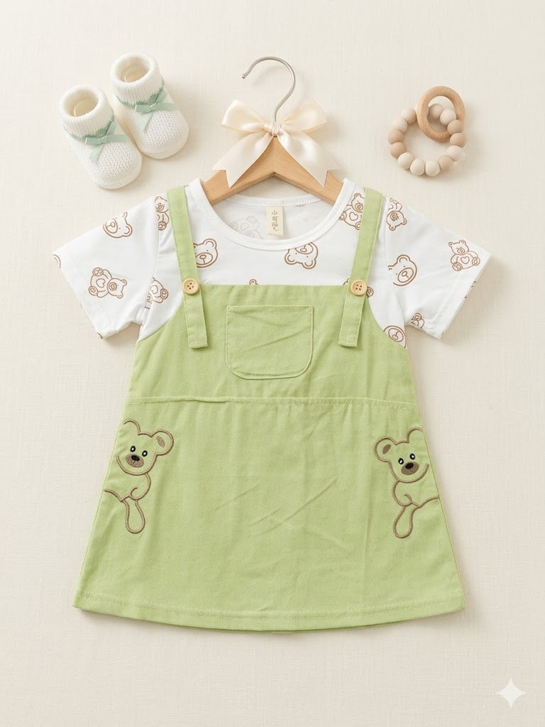 Girls Summer Green Teddy Cotton Frock [GF-3058] (6M - 3 Years)