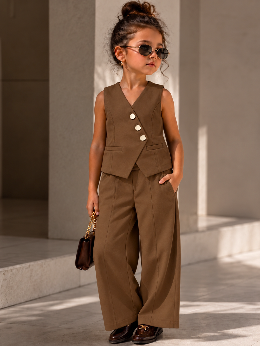 Girls Imported Dark Brown Waist Coat Co-ord Set [GCS-3K-3647] (4-12 Years)