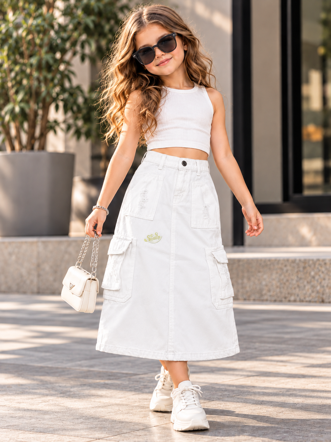 Girls White Utility Cargo Denim Skirt (Only Skirt) [GS-2K-3657] [4Y-12Years]