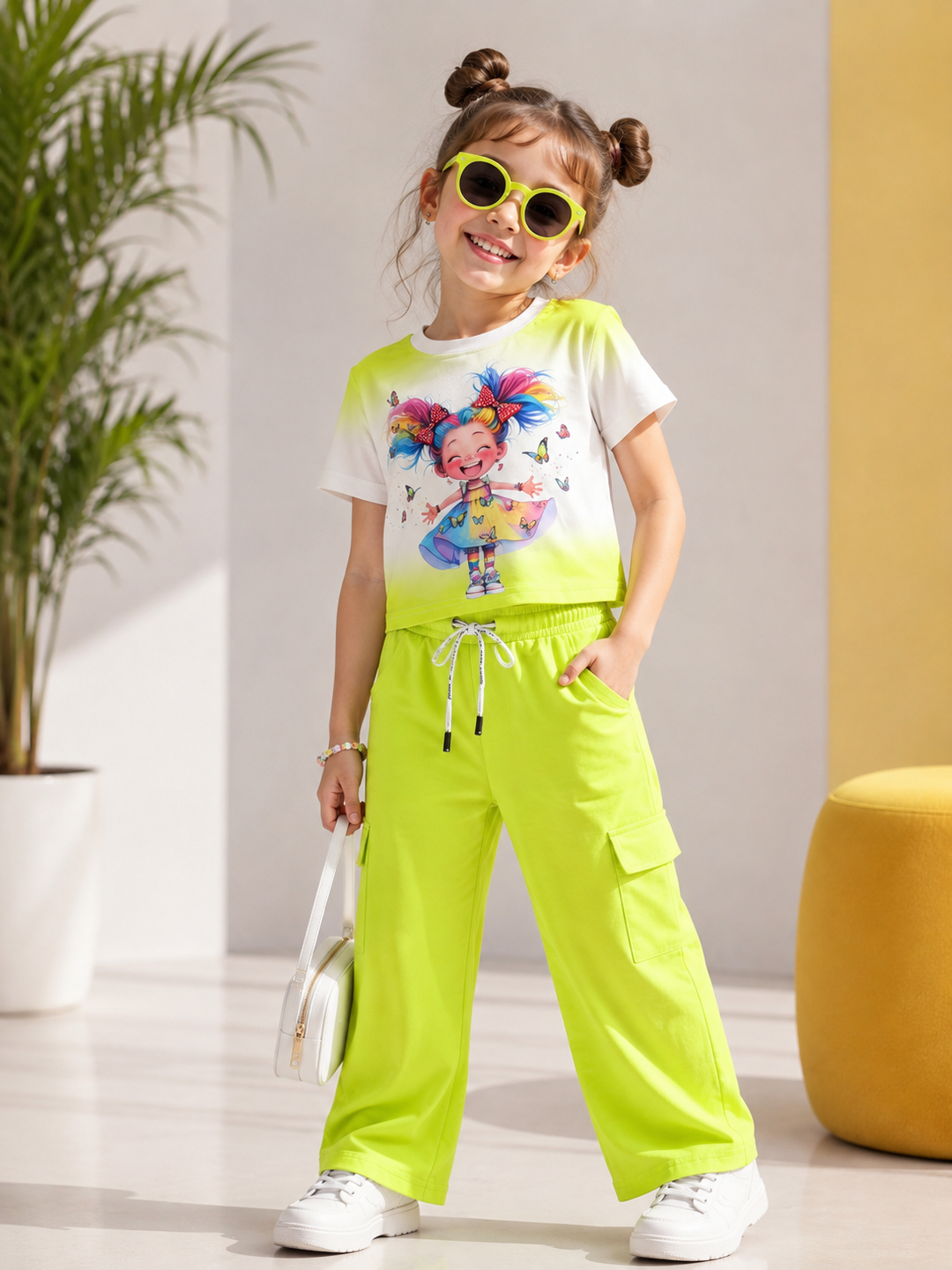 Girls Neon Green Digital Printed Co-Ord Set [GCS-6F-1853] (4-12 Years)