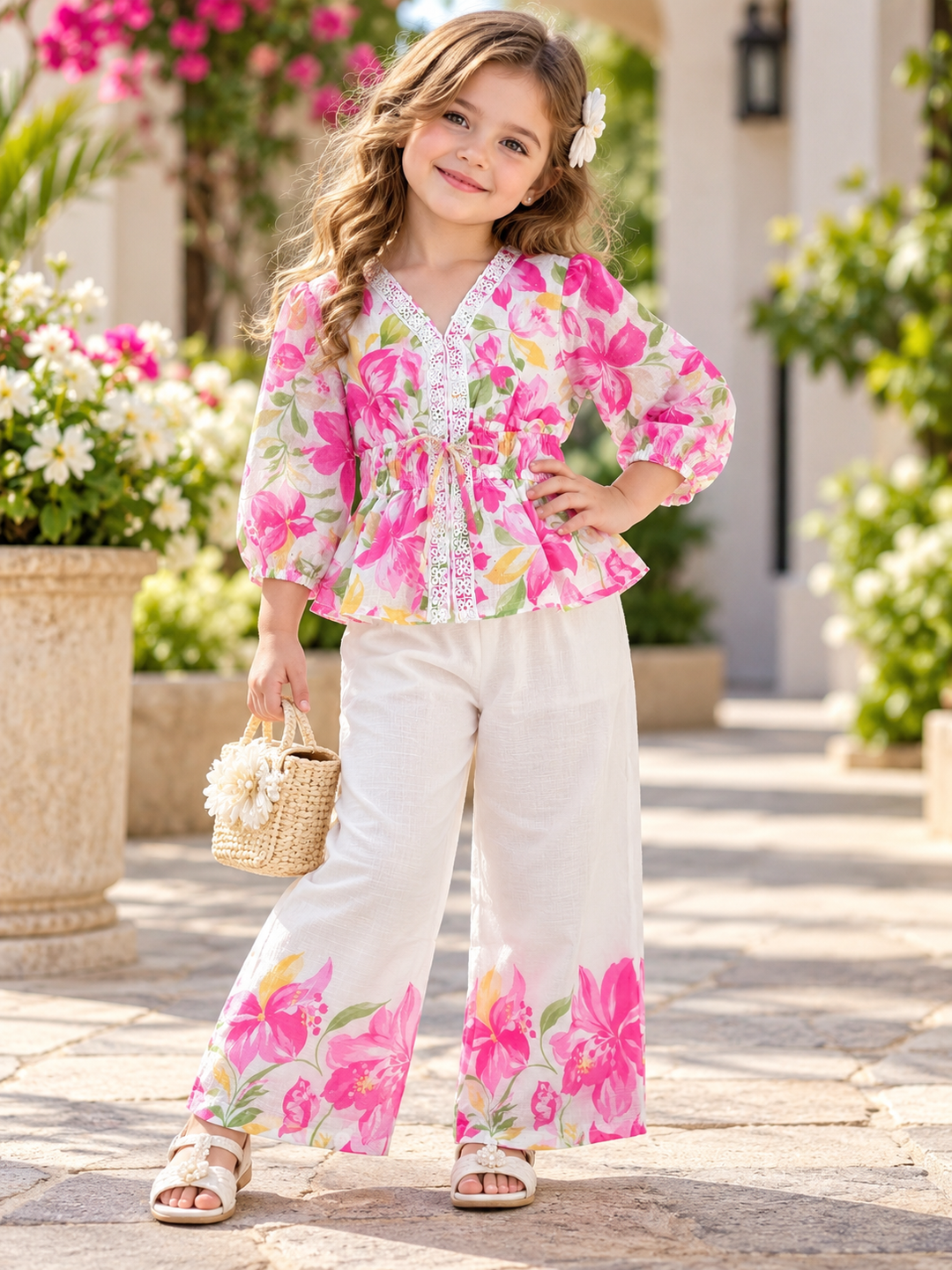 Girls Pink Blossom Lace Floral Co-Ord Set [GCS-2J-2369] (4-12 Years)