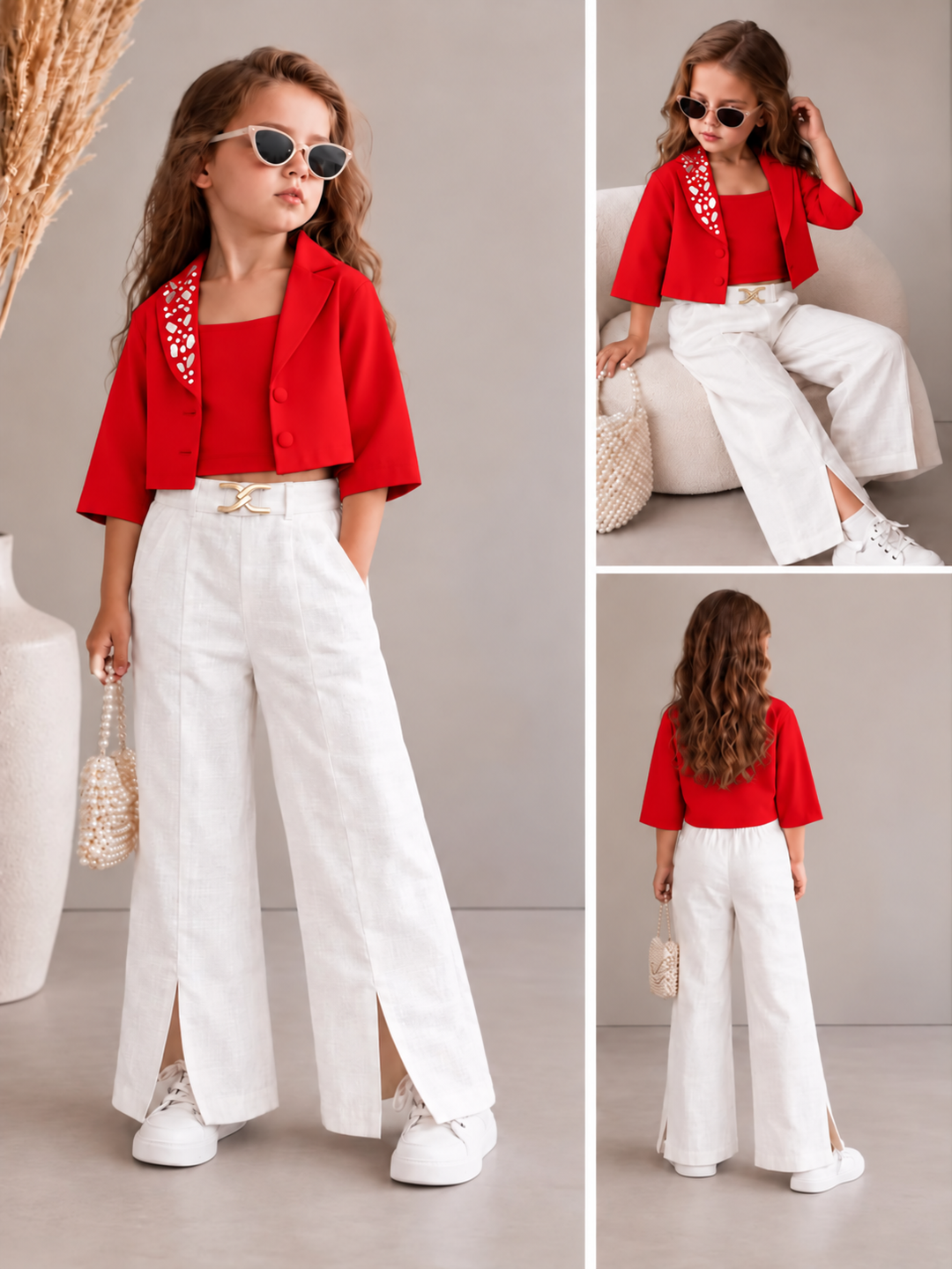 Girls 3 Piece Red Mirror Work Partywear Co-Ord Set [GCS-6H-0677] (4-12Years)