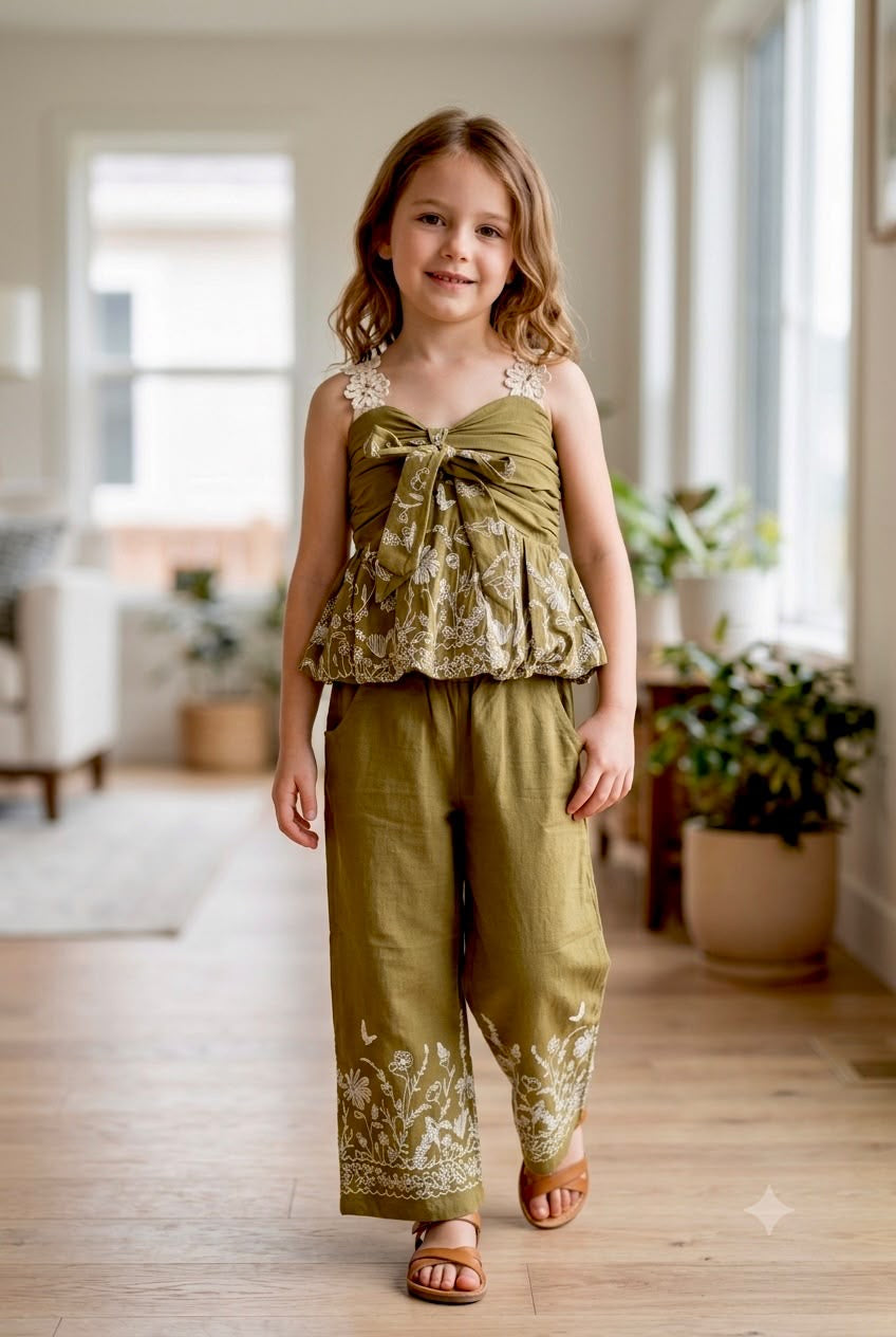 Girls Green Bloom Lace Strap Printed Co-Ord Set [GCS-3H-3497] (4-12 Years)