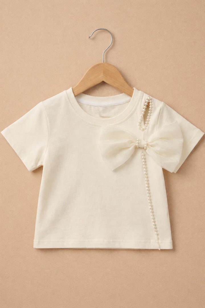 Girls White Bow with Pearl Trim Top [GT-124]  (3-8 Years)