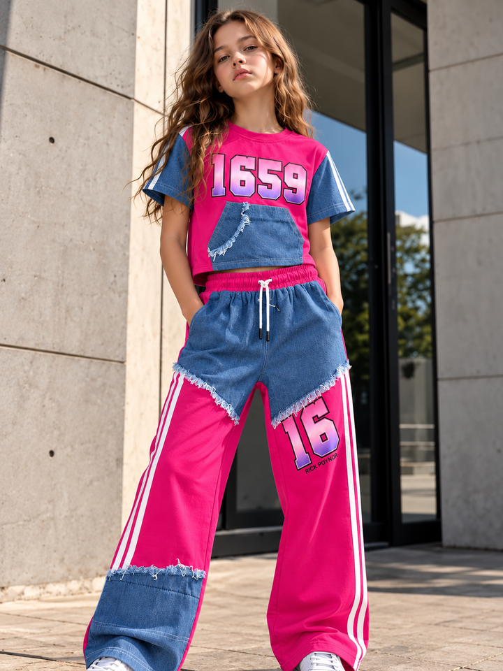 Girls Denim Drip Hot Pink Streetwear Co-Ord Set [GCS-3K-4608] (4-12Years)