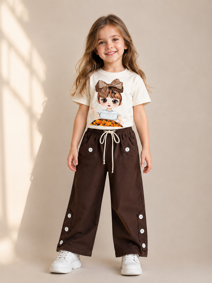 Girls Brown Bow Graphic Co-ord Set [GCS-5G-6684] (3-12Years)
