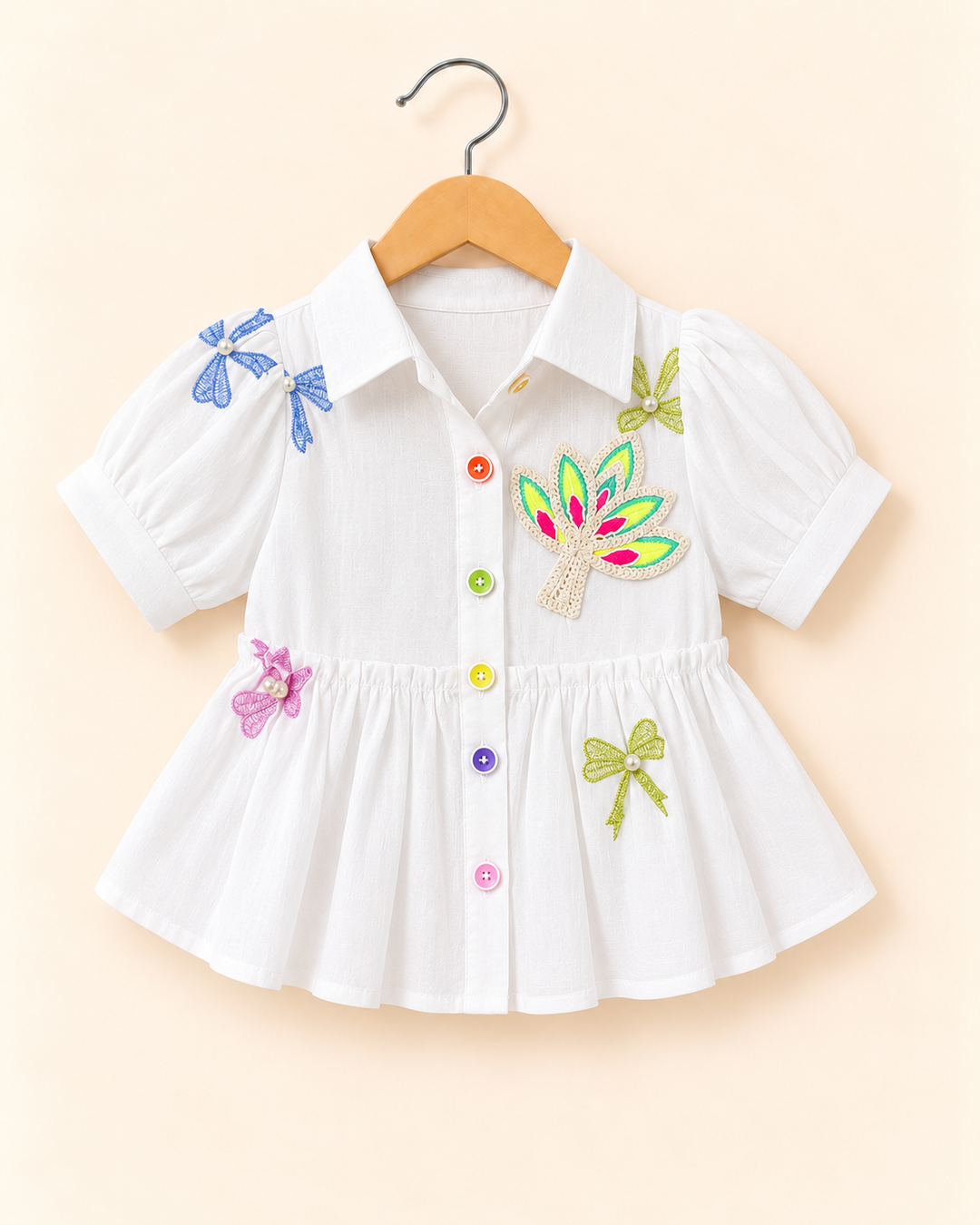 Girls White Bow Charm Peplum Shirt [ONLY TOP] [GT-M-1490] [4-12 Year ]