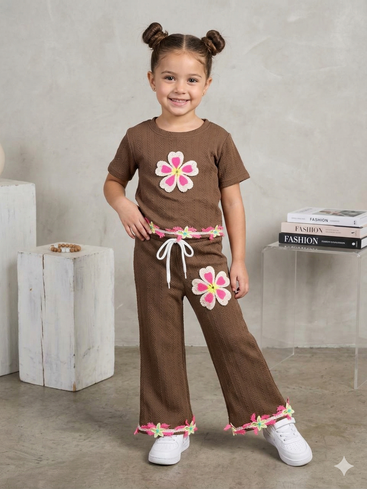 Girls Casual Flower Patch Brown Co-Ord Set [GCS-2067] (3-12 Years)