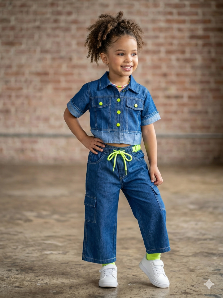 Girl's Outstiched Dark Blue Soft Denim Co-Ord Set[GCS-2112](4-12 Years)