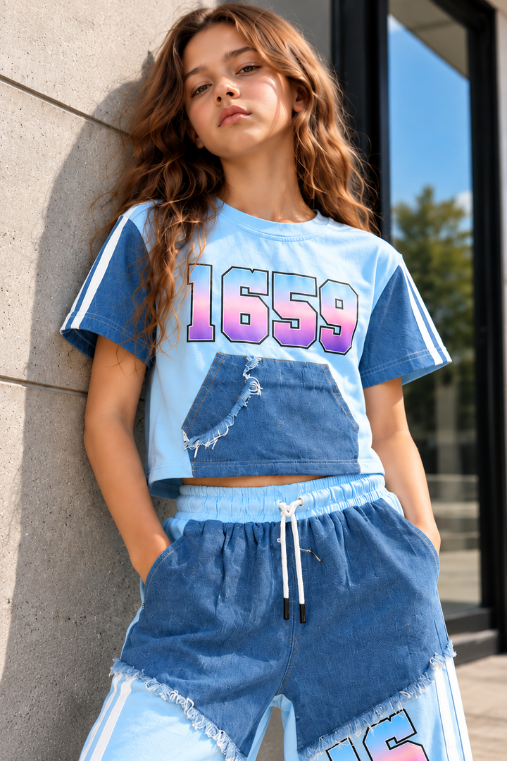 Girls Denim Drip Blue Streetwear Co-Ord Set [GCS-1K-4400] (4-12Years)