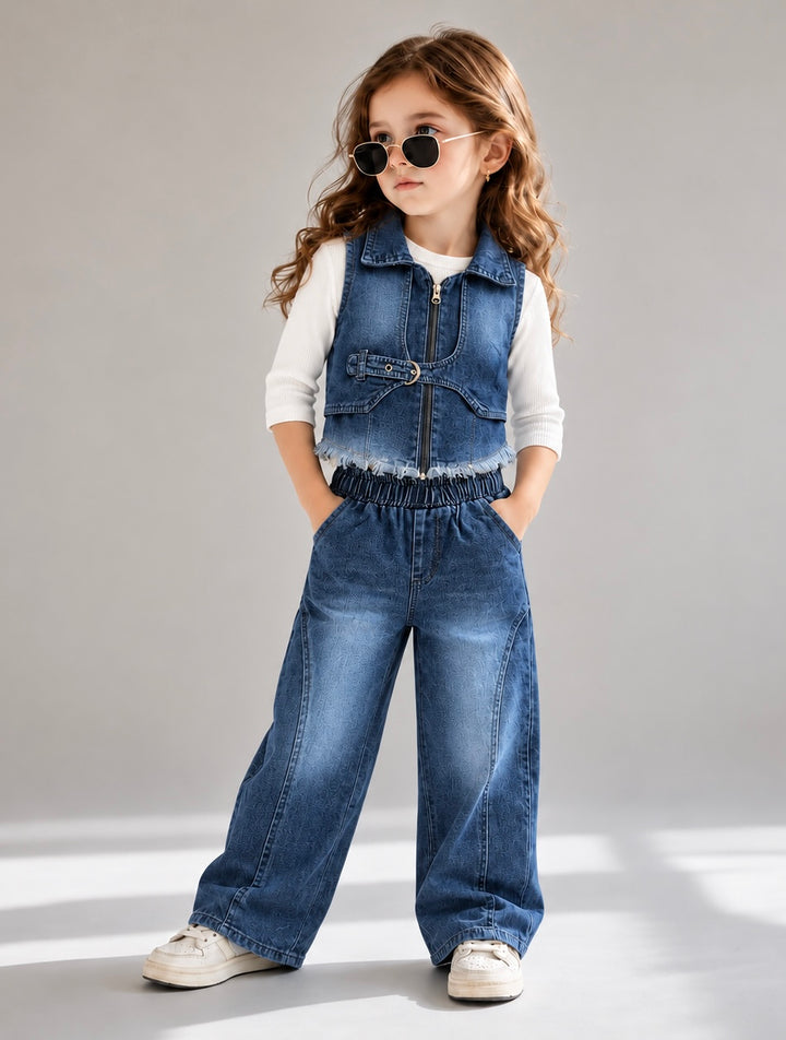 Girls 3 Piece Medium Blue Denim Co-Ord Set [GCS-5J-0460] (4-12Years)