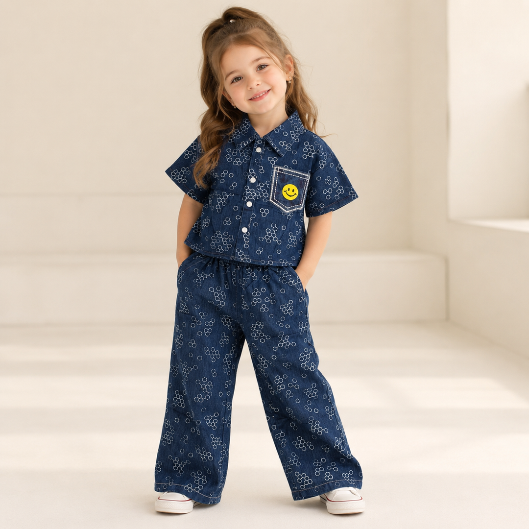 Girls Dark Blue Printed Soft Denim Co-Ord Set [GCS-2E-8628] (4-12 Years)