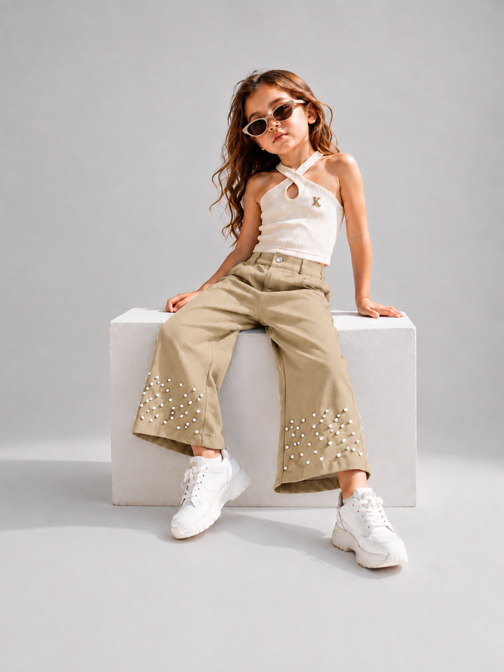 Girls Camel Korean Pearl Embellished Pant [ONLY PANT] [GJ-6D-3549] (4-12Years)
