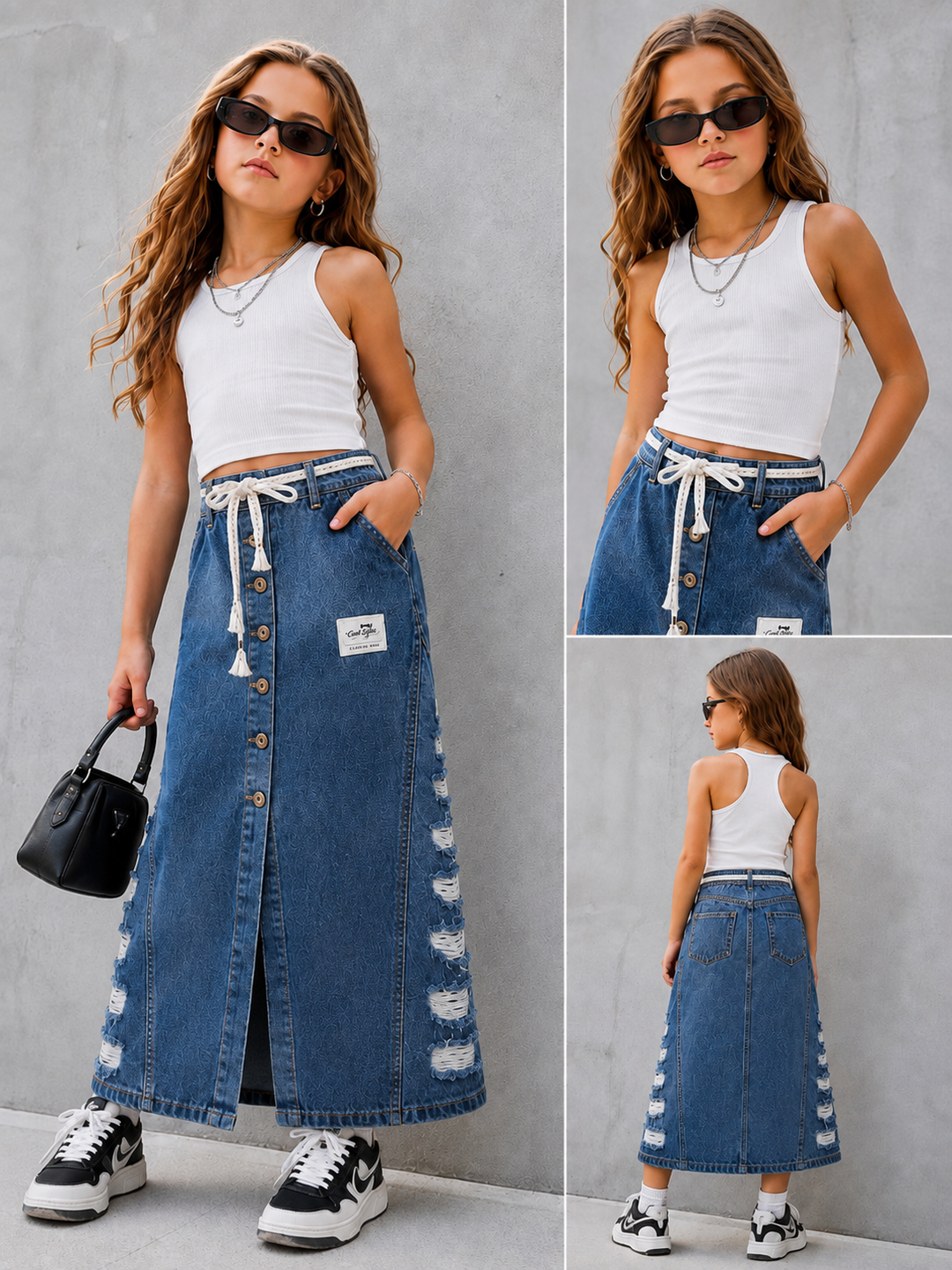 Girls Vintage Distressed Denim Skirt [GS-5G-7894] [4Y-12Years]