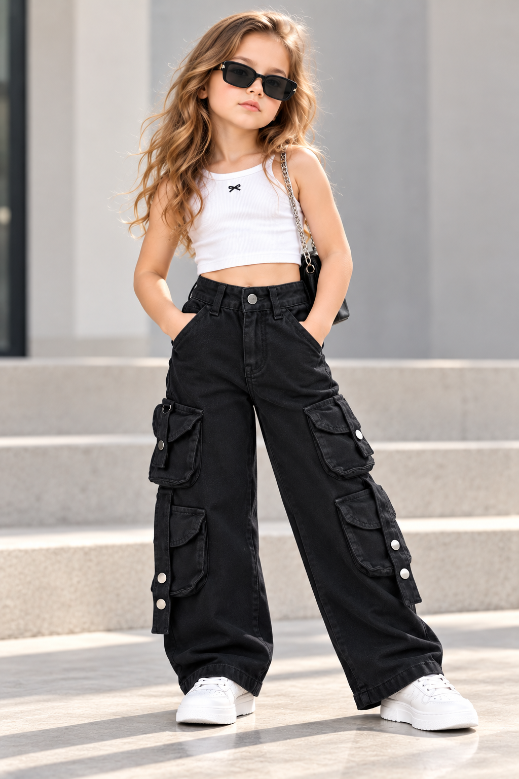 Girls Black 8 Pocket Cargo Denim [ONLY PANT] [GJ-6D-7878] (4-12Years)
