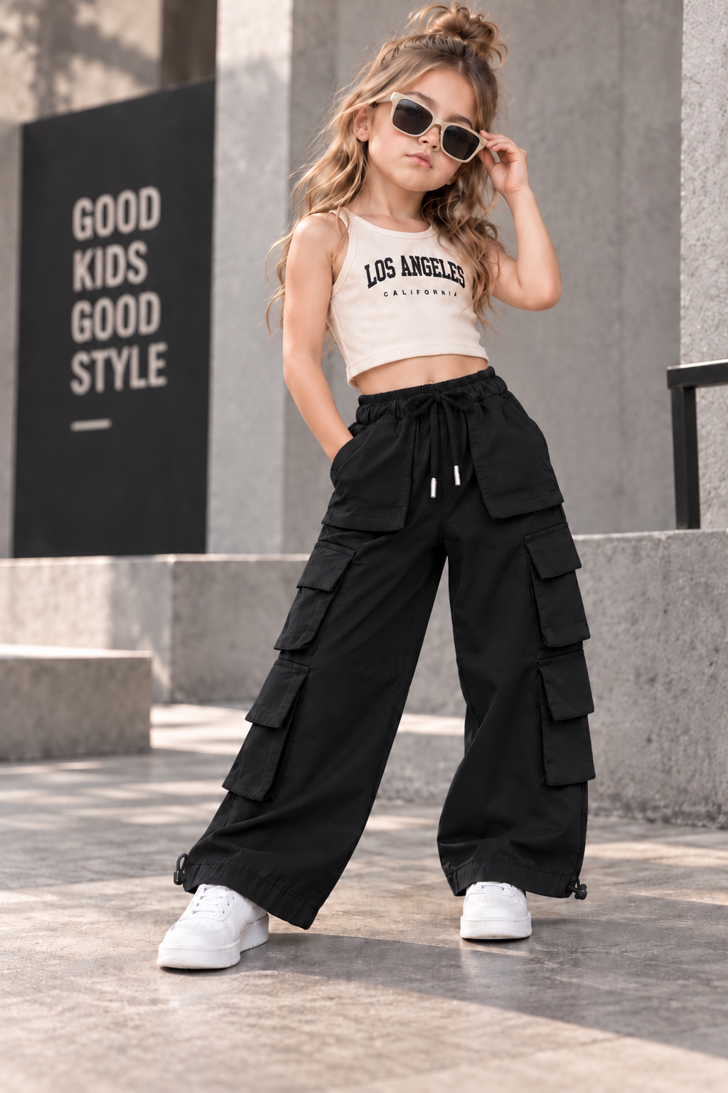Girls 6 Pocket Black Parachute Pant [ONLY PANT] [GJ-3A-4588] (4-12Years)