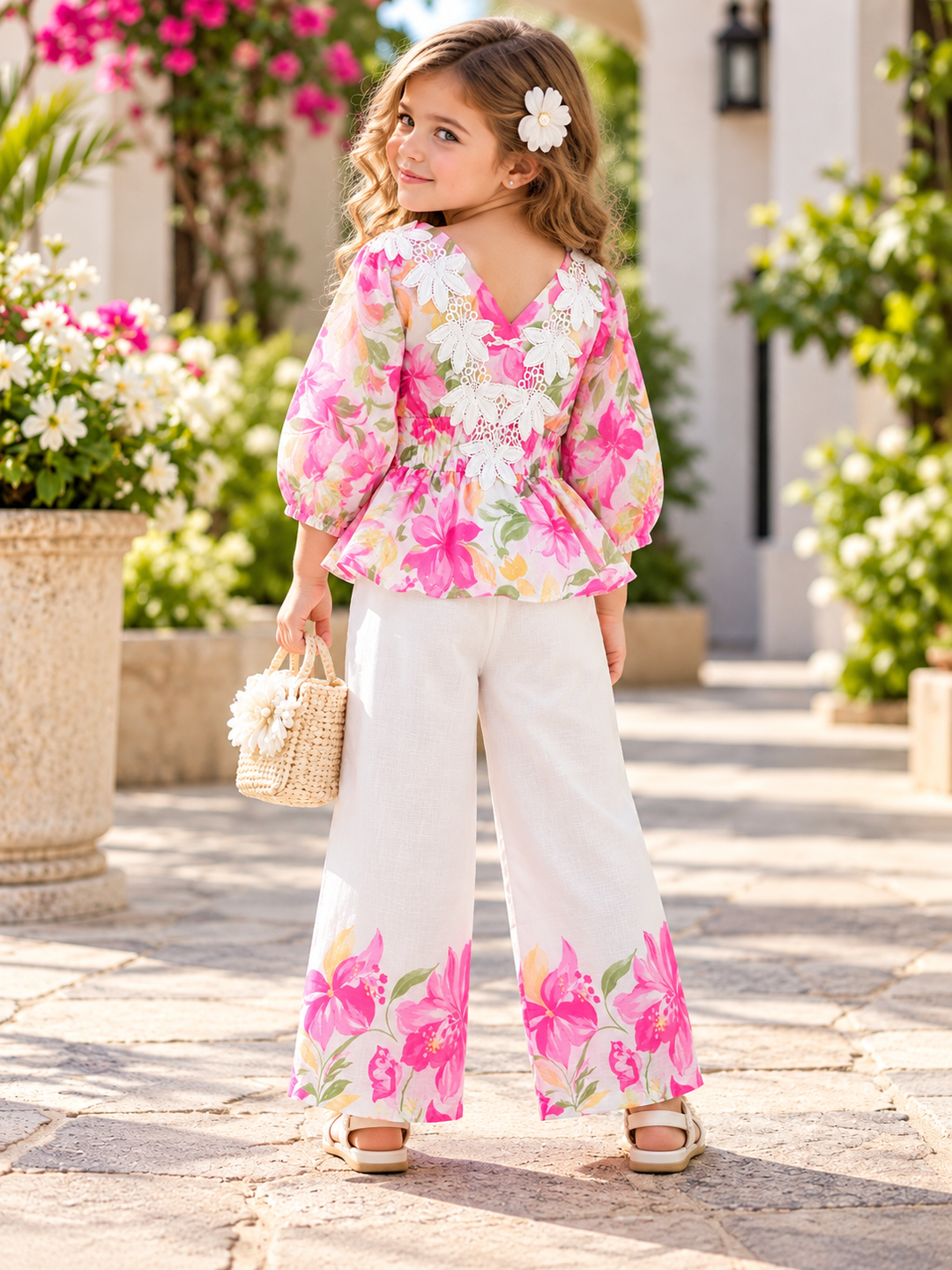 Girls Pink Blossom Lace Floral Co-Ord Set [GCS-2J-2369] (4-12 Years)