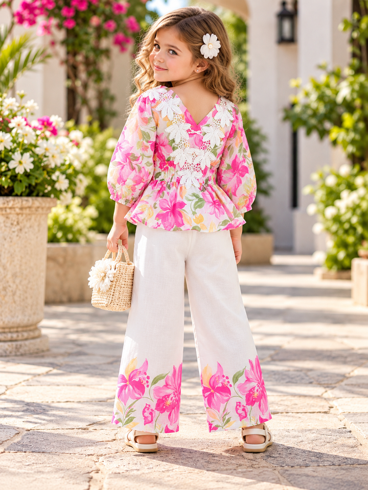 Girls Pink Blossom Lace Floral Co-Ord Set [GCS-2J-2369] (4-12 Years)