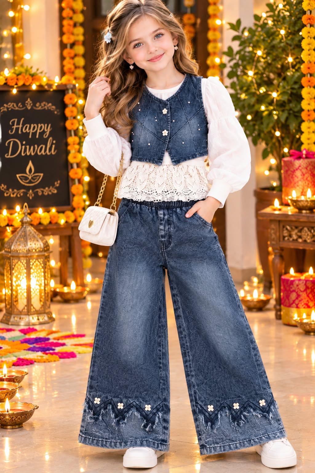 Girls Pearl Bloom 3 Piece Dark Blue Denim Co-Ord Set [GCS-4F-4559] (4-12Years)