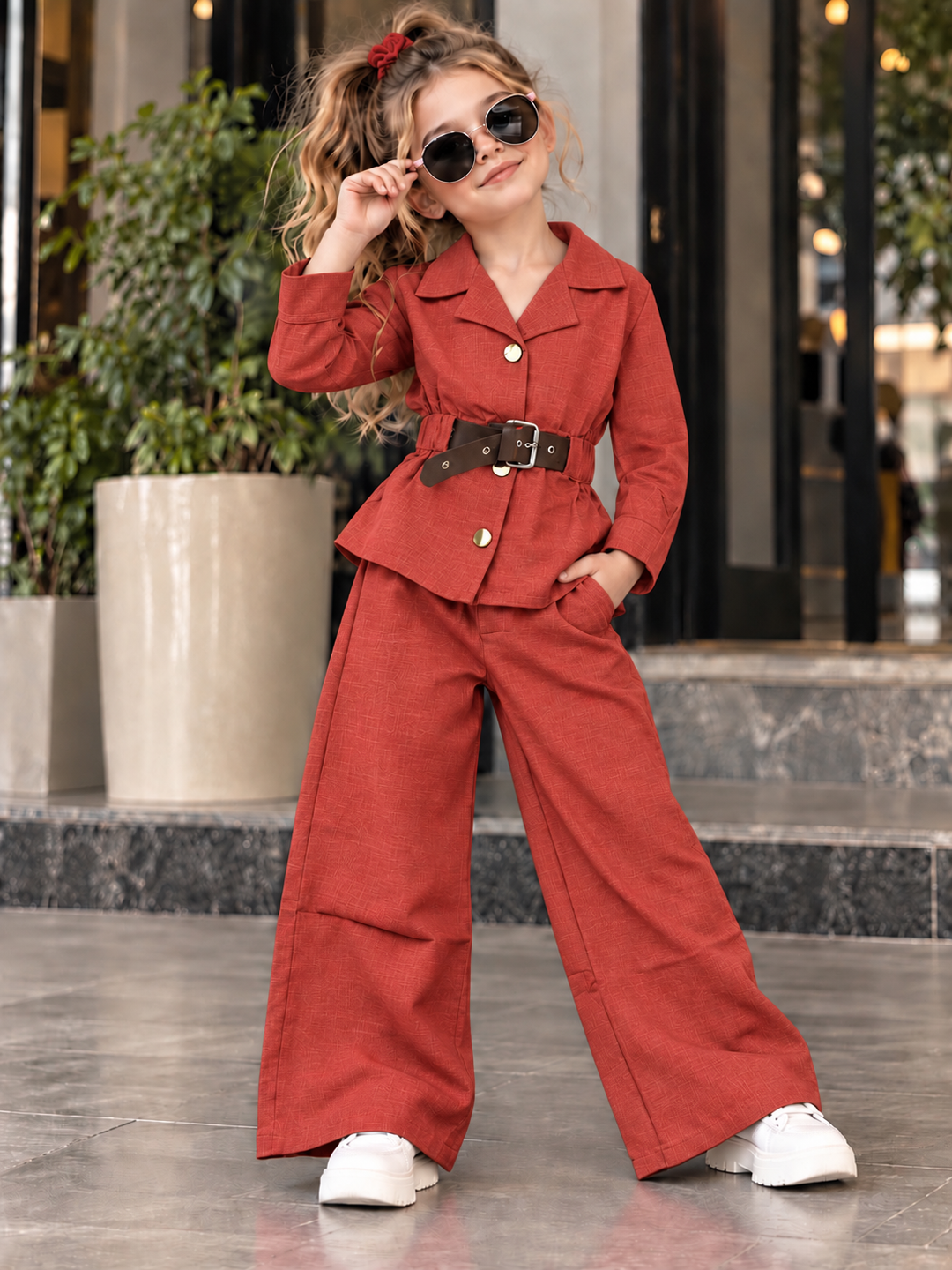 Girls Rust Belted Blazer Co-Ord Set [GCS-6C-0649] (4-12 Years)
