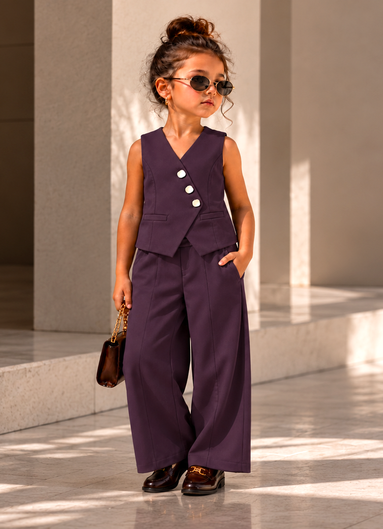 Girls Imported Dark Purple Waist Coat Co-ord Set [GCS-1B-6582] (4-12 Years)