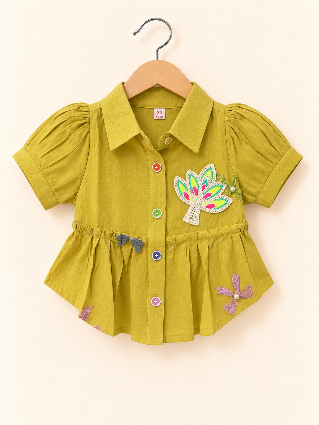 Girls Yellow Bow Charm Peplum Shirt [ONLY TOP] [GT-N-0457] [4-12 Year ]