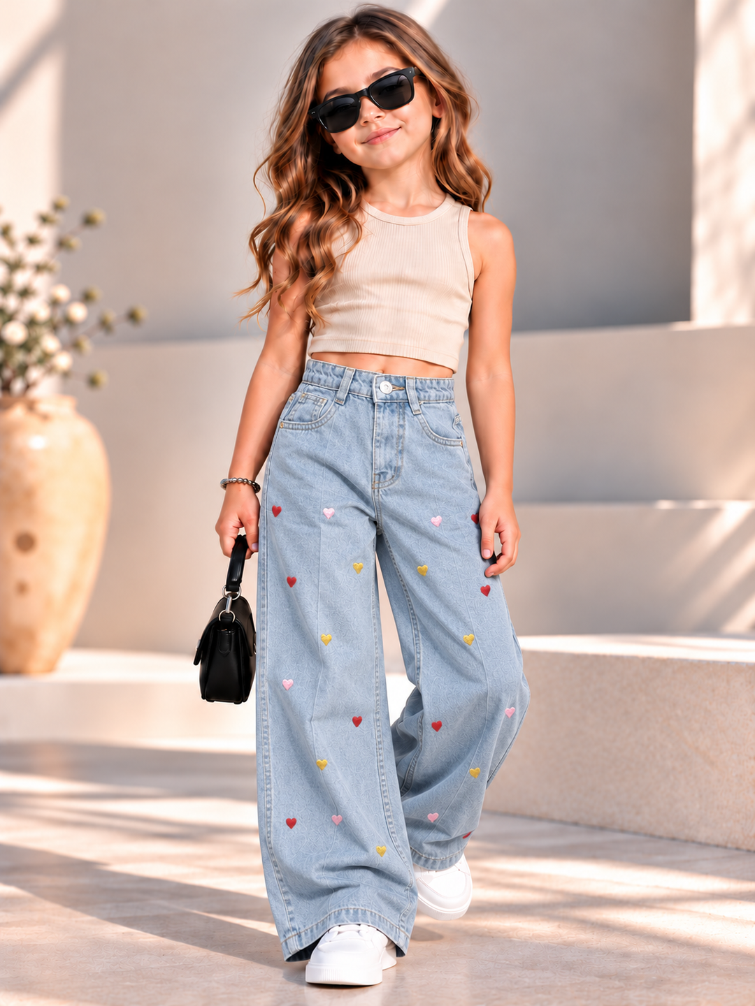 Girls Heart Embroided Wide Leg Denim Jeans (Only Jeans) [GJ-6K-6842] (3-14Years)