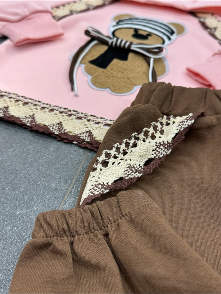 Girl's Pink Teddy Imported Hooded Co-Ord Set [GCS-6429] [1 - 5Years]