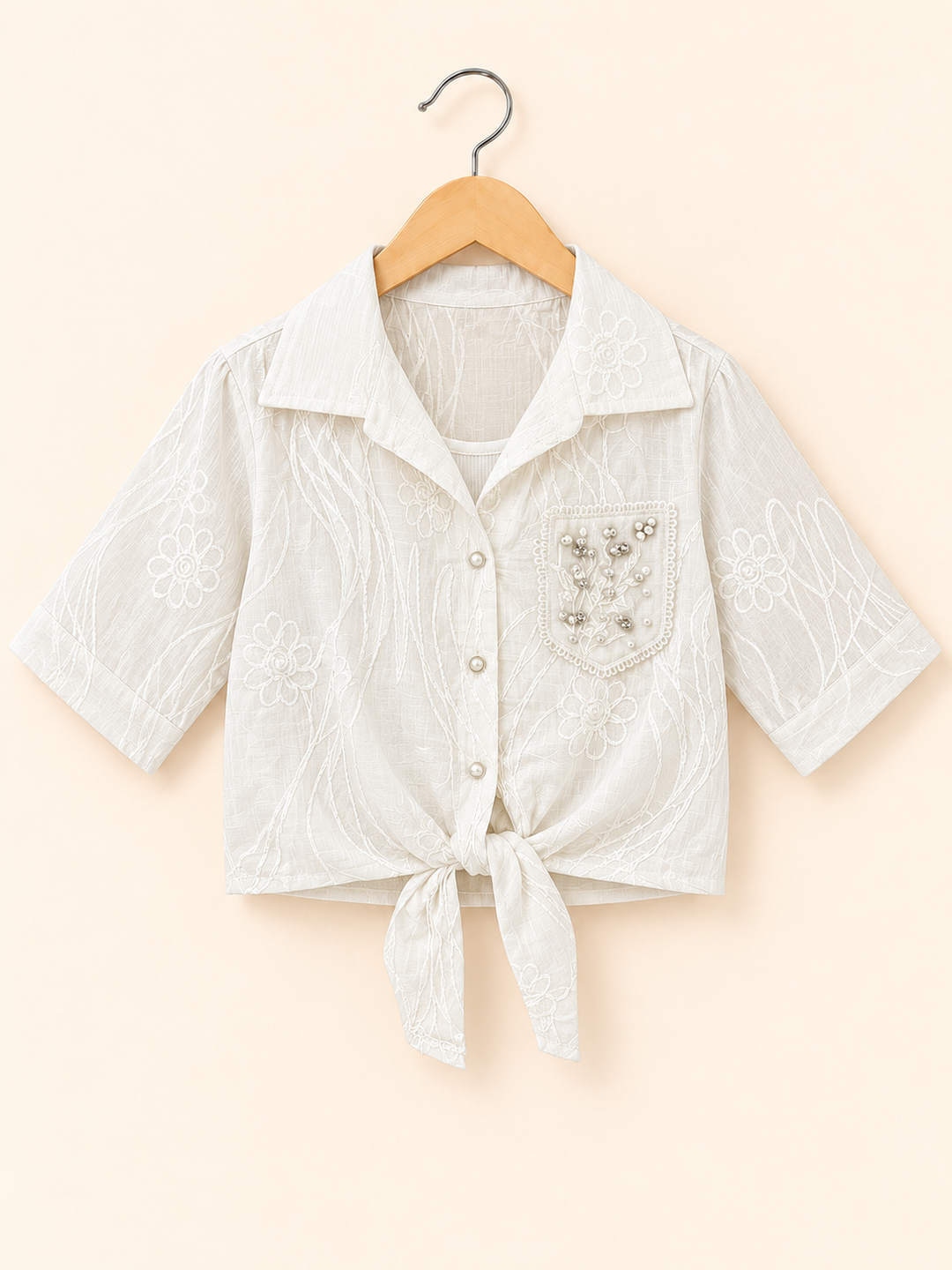 Girls Cream Pearl Tie-Knot Shirt With Inner [ONLY TOP] [GT-1K-7001] [4-12 year]