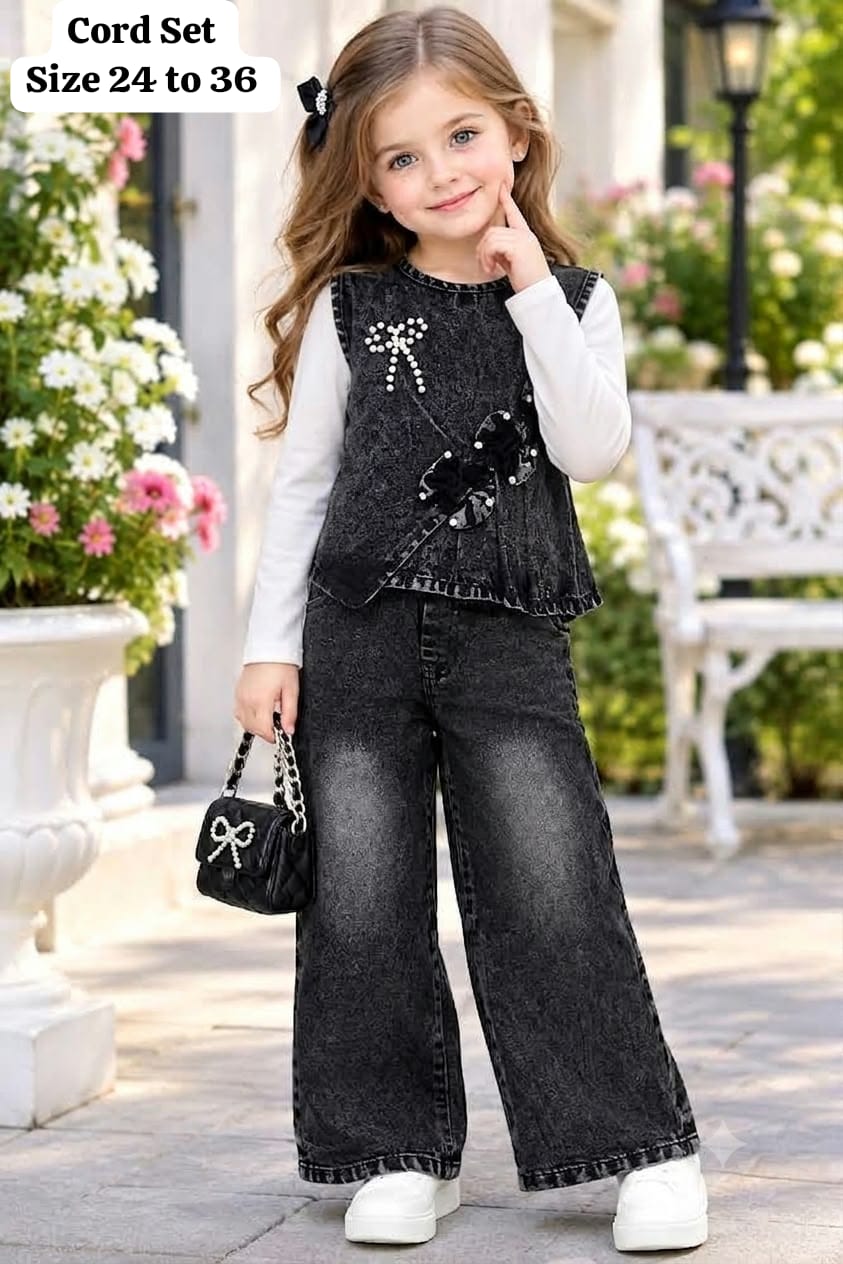 Girls Pearl Bow 3 Piece Charcoal Denim Co-Ord Set [GCS-4A-0459] (4-12Years)