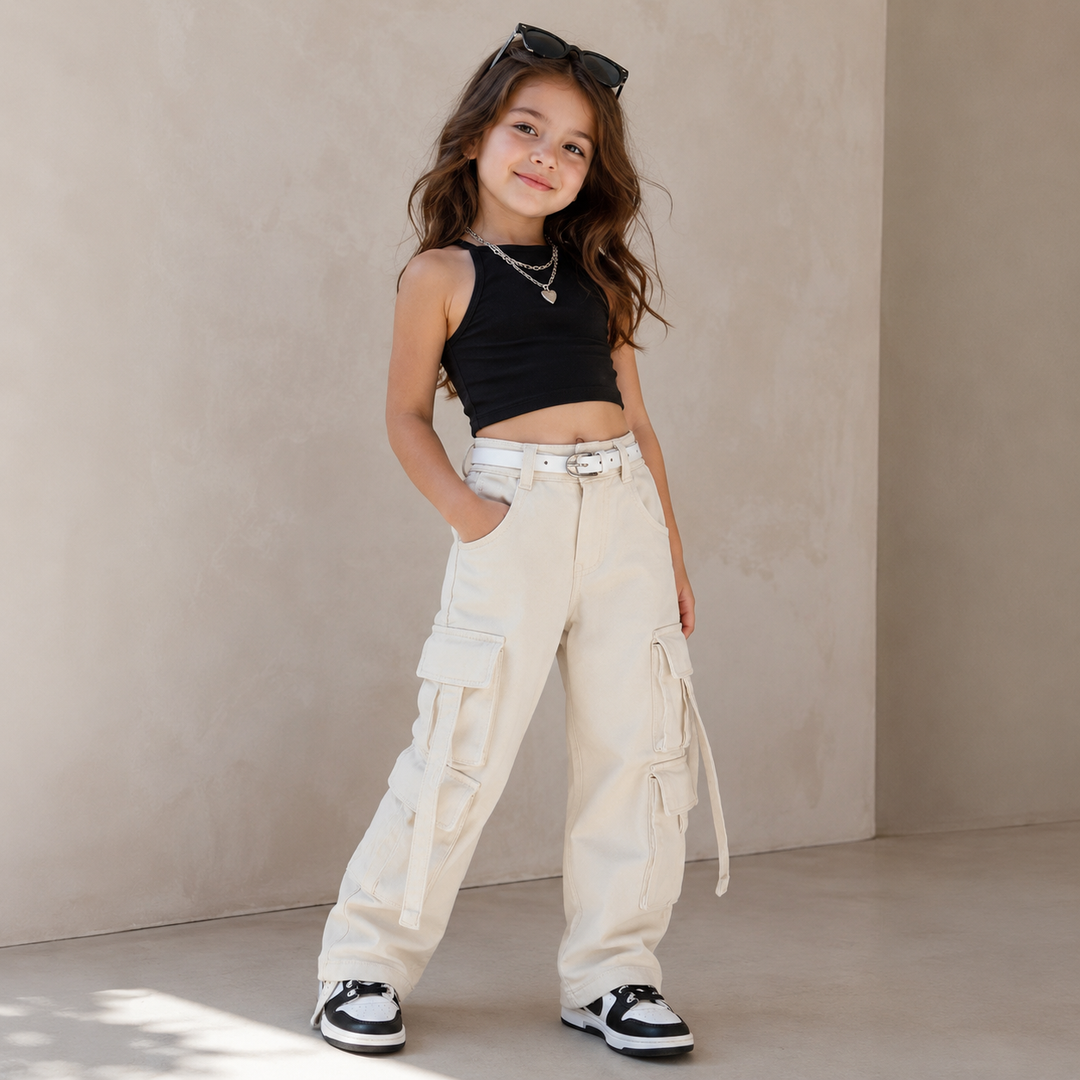 Girls 8 Pocket Cream Cargo Jeans With Belt  [ONLY JEANS] [4D-8780] (4-12Years)