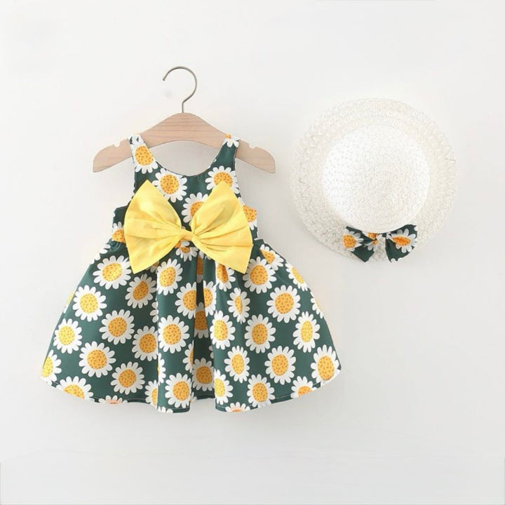Girls Green Summer Printed Frock With Hat [GF-6361] (3 Months - 3 Years)