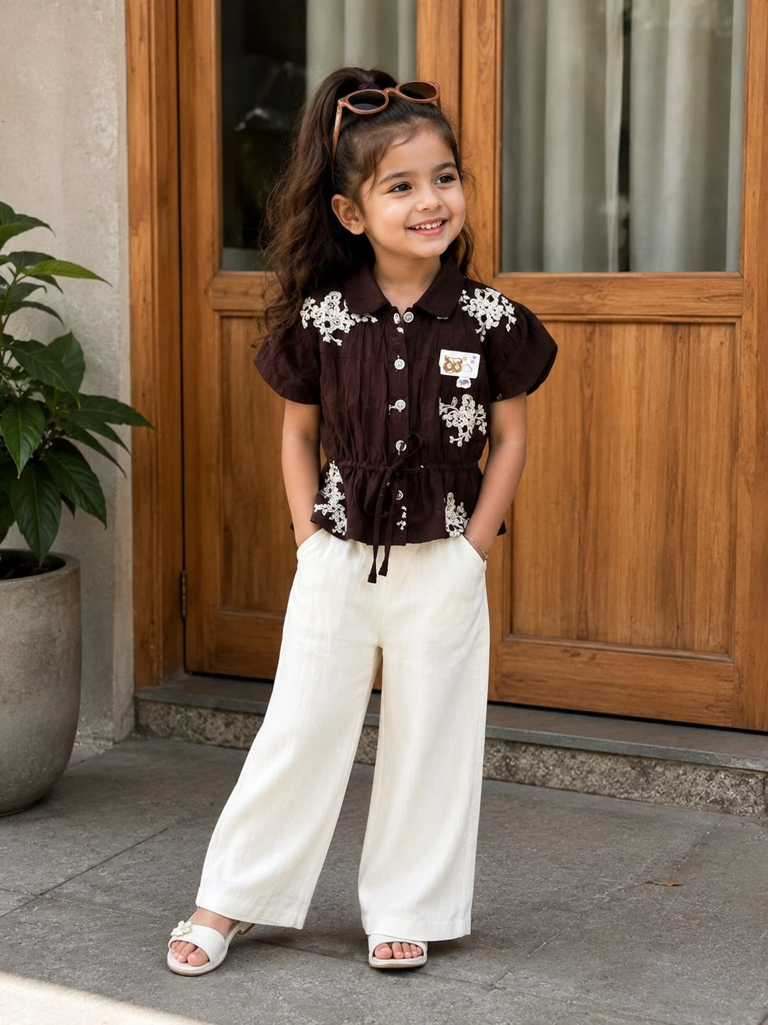 Girls Brown Embroidered Co-Ord Set [2H-2222] (4-12 Years)